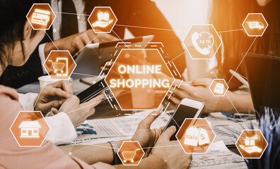 Online shopping and Internet Money Payment Transaction Technology. Modern graphic interface showing...