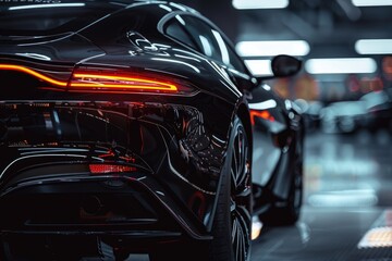 A close up view of a car's interior and exterior features in a garage setting