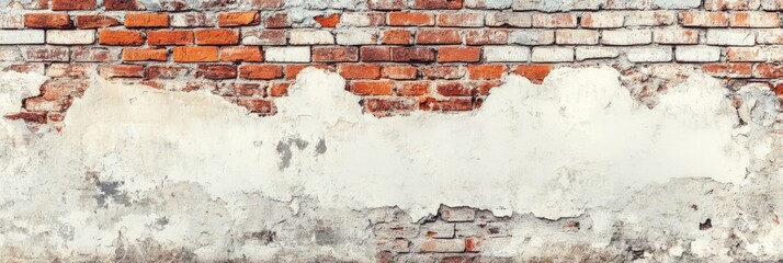 Obraz premium An enchanting vintage brick wall that showcases peeling white plaster alongside exposed red bricks serves as a captivating artistic backdrop thats perfect for a wide range of diverse design projects