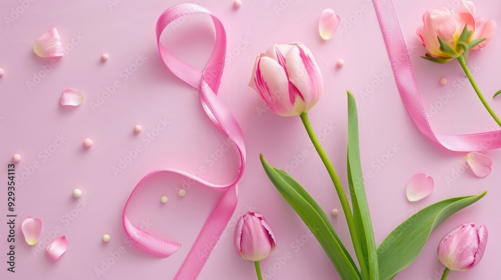 Poster close-up of pink tulips with a matching pink ribbon on a solid pink background
