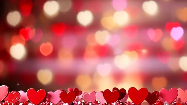 Valentines day empty wooden table top with blurred red hearts lights garland festive background, suitable for product presentation backdrop, display, mock up	