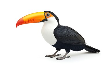 Naklejka premium A toucan with a large orange beak and black feathers stands on a white background.