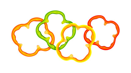 Slices of fresh bell peppers in cartoon style. Vector illustration of sliced ​​bell peppers of different colors: orange, green, yellow, red isolated on a white background. Vegetables cut into circles.