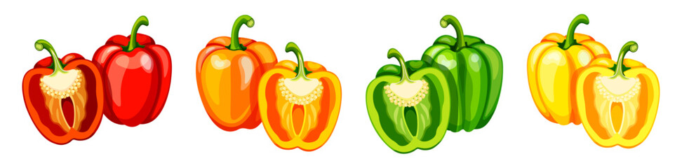 Set of delicious and fresh bell peppers in cartoon style. Vector illustration bell peppers, whole and half with seeds of different colors: red, orange, green, yellow isolated on a white background.