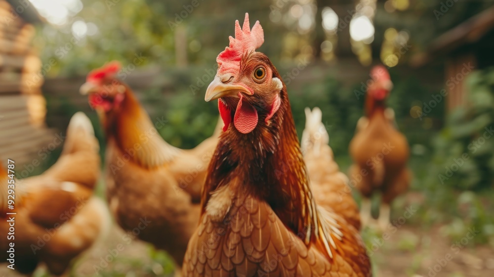 Poster a group of chickens standing next to each other, a common scene on farms and in backyards