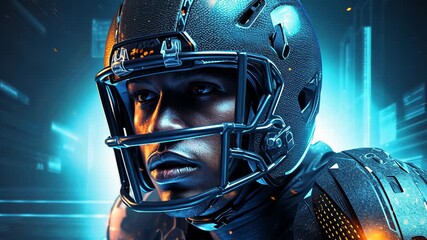 Portrait American football sportsman player on blue futuristic technology background. - Powered by Adobe