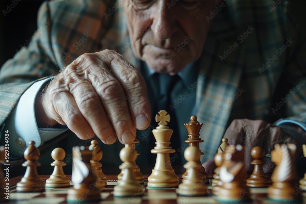 Poster a person sitting at a chess board, focusing on the game
