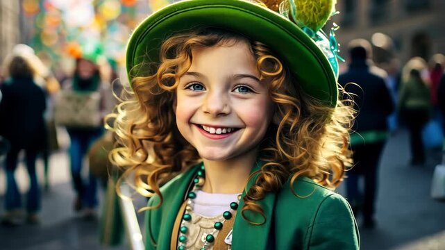 A cheerful girl wearing a festive green hat and accessories smiles brightly amidst a lively crowd celebrating spring festivities