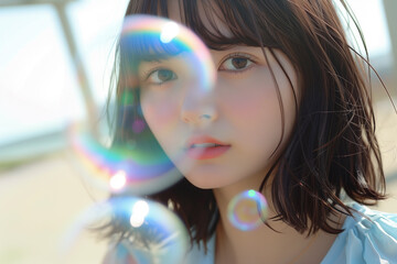 シャボン玉と可愛い女性