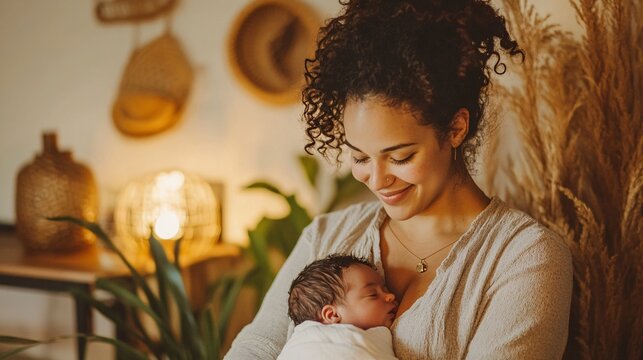 A serene and supportive doula holding a newborn in a cozy, softly lit room, surrounded by calming decor