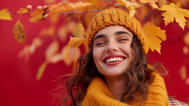 A joyful young woman in autumn attire smiles against a vibrant red backdrop with leaves.