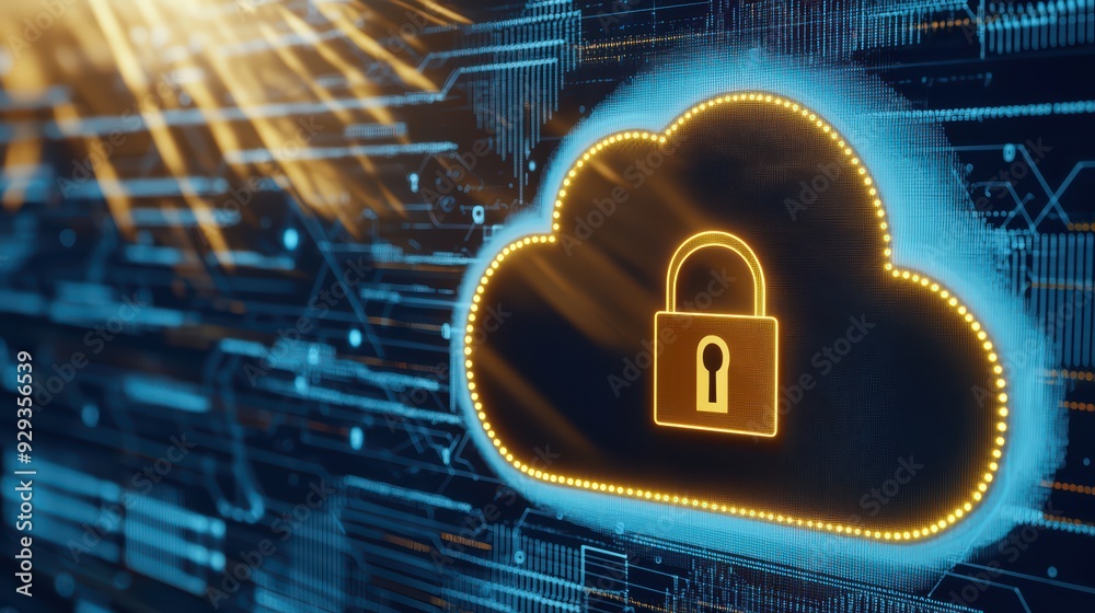 Poster a digital cloud with a padlock symbolizing secure data storage and protection in the cloud computing