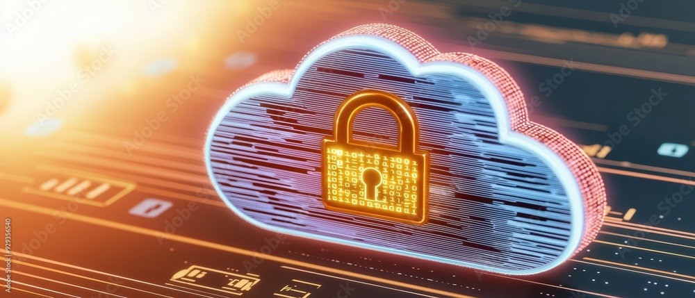Poster a digital cloud with a secure padlock symbol representing data protection and security in cloud comp