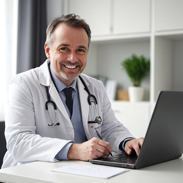 M&eacute;dico de meia idade, sorridente, pronto para ajudar