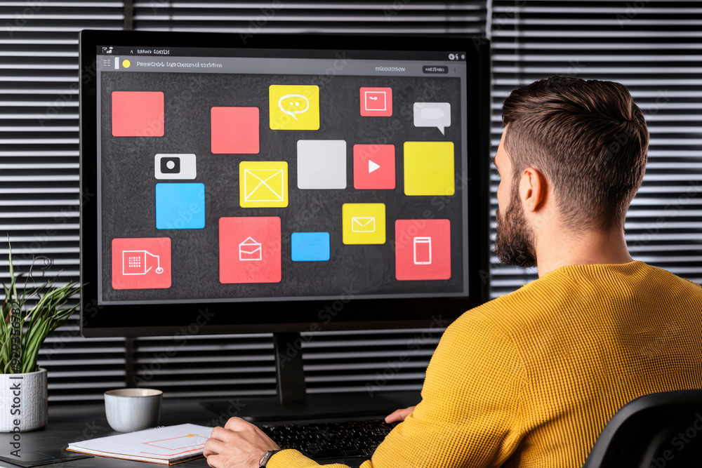 Poster a focused individual using a computer with various colorful app icons on the screen in a modern work
