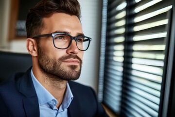 Fototapeta premium A focused businessman wearing glasses, sitting by a window with blinds, portraying concentration and professionalism in the office.