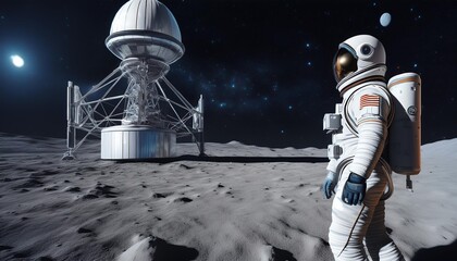Astronaut walking on the moon surface and satellite view in the background