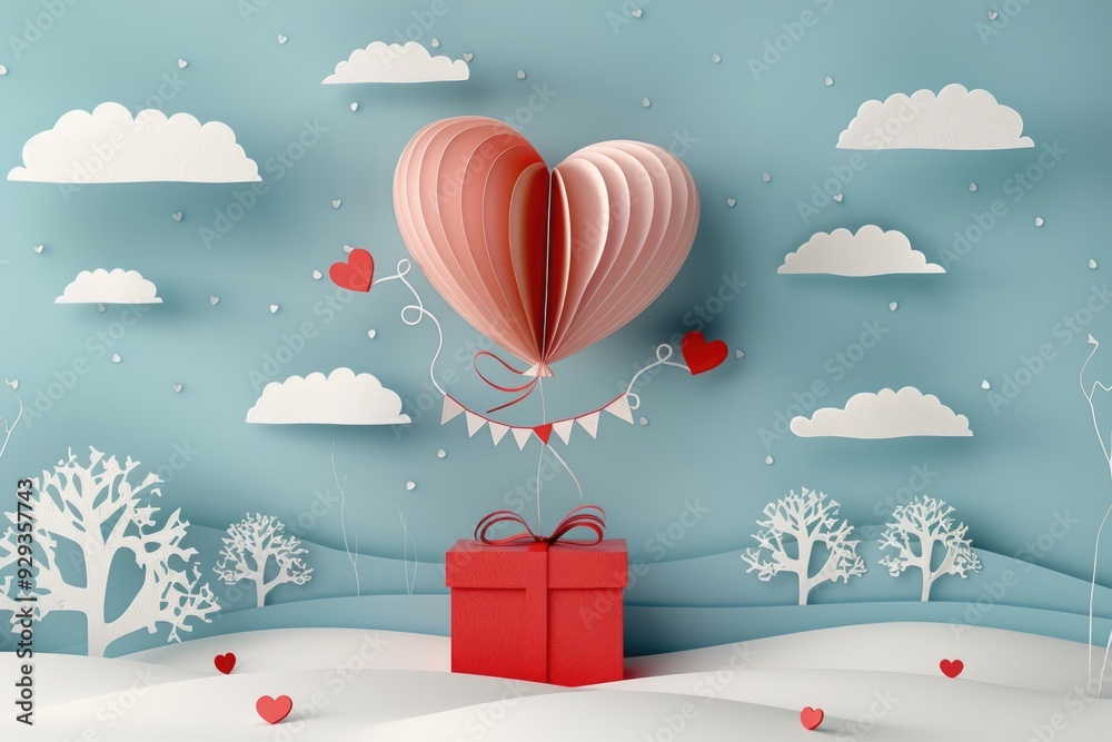 Canvas Prints A bright red box tied with a heart-shaped balloon, perfect for romantic gestures or gift-giving