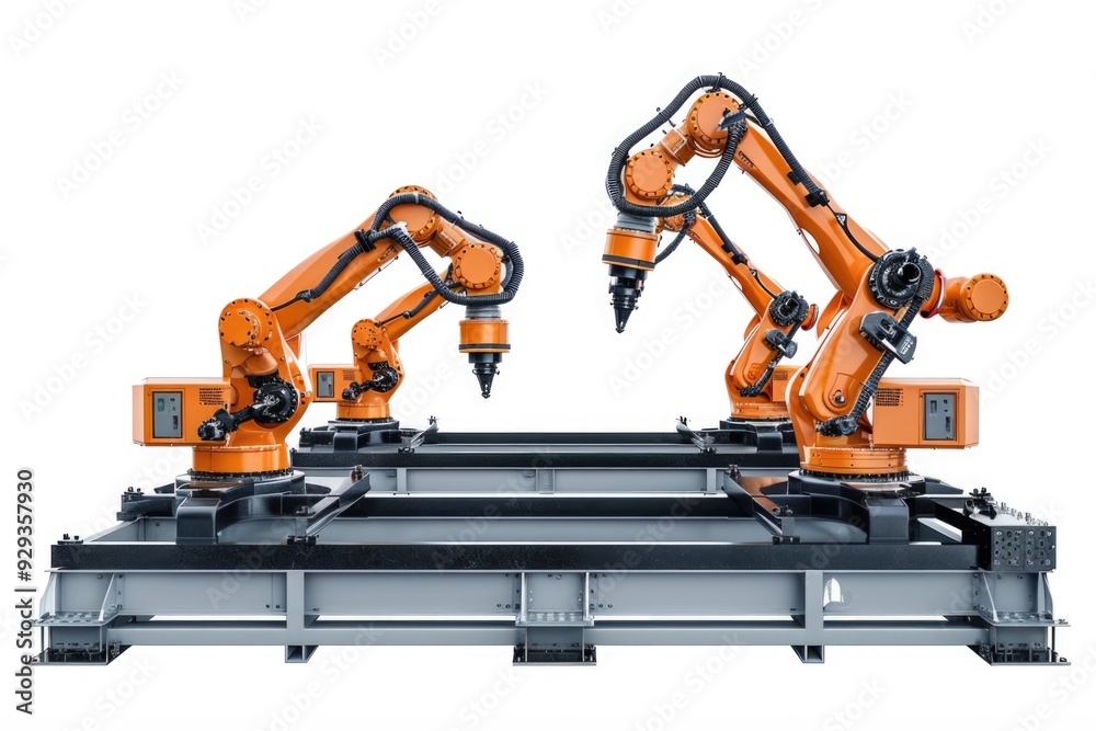 Poster a group of robots working together on a piece of metal, useful for industry and technology scenes