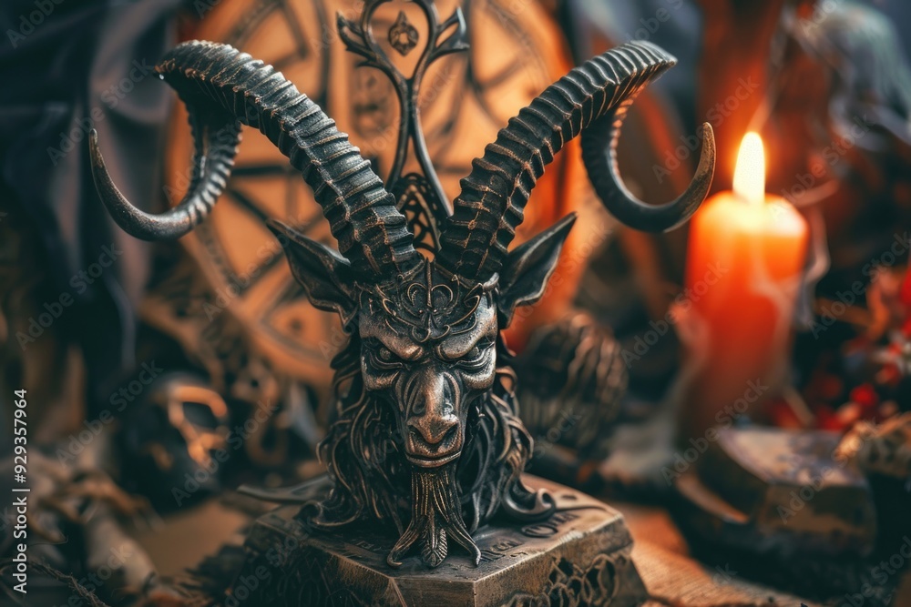 Aufkleber a statue of a horned goat with a candle in the background, can be used as a decorative element or sy