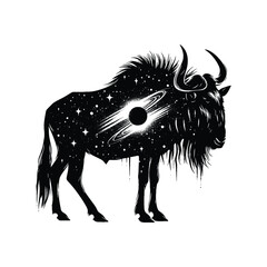 silhouette of Wildebeest, filled with space and sci-fi element in rough drawing,