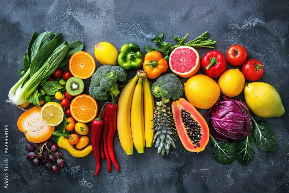 Poster A colorful array of fruits and vegetables arranged on a table for sale or presentation