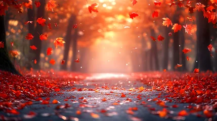Red orange leaves falling forest pathway autumn vibrant bokeh fall scenery