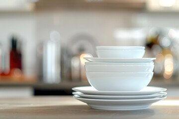 A stack of white dishes placed on top of a kitchen counter