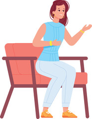 Woman sit and chair and talking. Tv show host