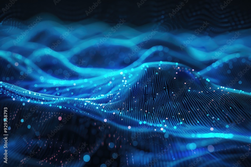 Poster a blue and black abstract background featuring waves and dots