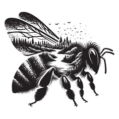 Obraz premium silhouette of Bee, filled with river view in rough drawing,