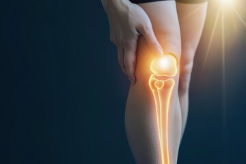 A woman touching her knee, illustrating joint pain with a highlighted knee joint for medical and health concepts.