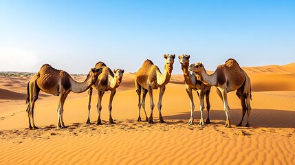 Four camels standing in a line on a desert sand dune.