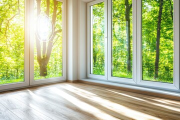 Fototapeta premium Bright room with large windows showcasing stunning green trees and natural light, creating a serene indoor environment.