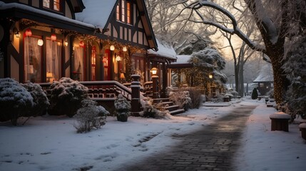 house exterior christmas decorations in the snow on christmas night.