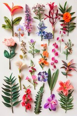 Various flowers arranged on a clean white background