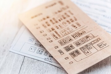 Detailed eye exam chart with various symbols on wooden surface, showcasing vision testing process for accurate assessment.