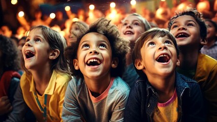 A group of children express pure delight as they watch an enchanting performance at a lively city festival