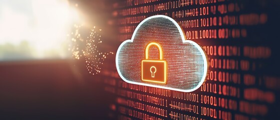 Digital cloud storage with a padlock symbol representing data security and protection, against a backdrop of binary code.