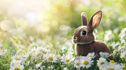 Fototapeta premium Adorable brown bunny rabbit in a field of white daisies.