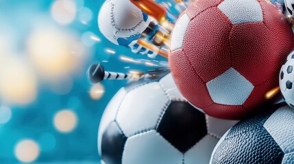 Dynamic collection of various sports balls bursting with energy against a vibrant background,...