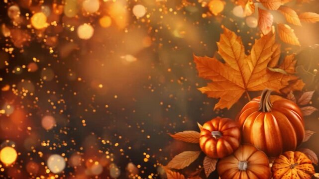 Autumn leaves and pumpkins rest on a dark background with golden bokeh lights.