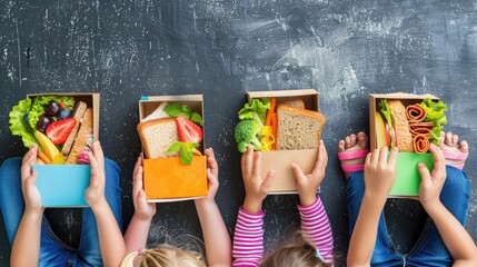 Group of kids holding up containers with food, perfect for charity or community events