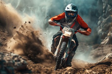 A person riding a dirt bike on a dirt track, suitable for use in action, adventure or outdoor scenes