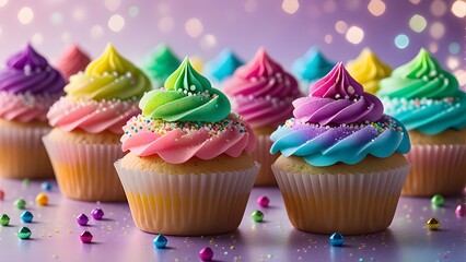 Colorful cupcakes with frosting and sprinkles on purple background