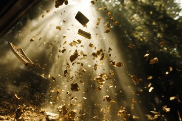 Magical scene of golden particles floating in sunlight, creating an enchanting atmosphere filled with light and wonder.