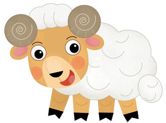 Cartoon scene sheep ram is standing looking and smiling isolated illustration for children