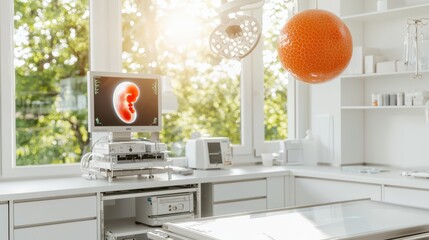 Modern medical laboratory featuring advanced equipment, a monitor displaying a kidney image, and bright natural light.