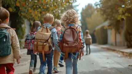 Obraz premium Group of kids strolling along the sidewalk