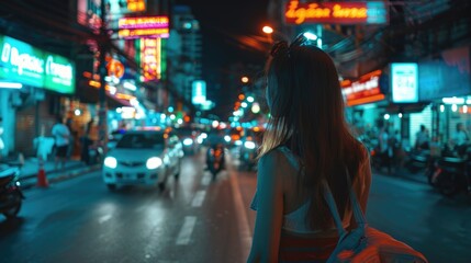 Naklejka premium A woman walks alone on a dark street at night, spotlighting her solitary figure